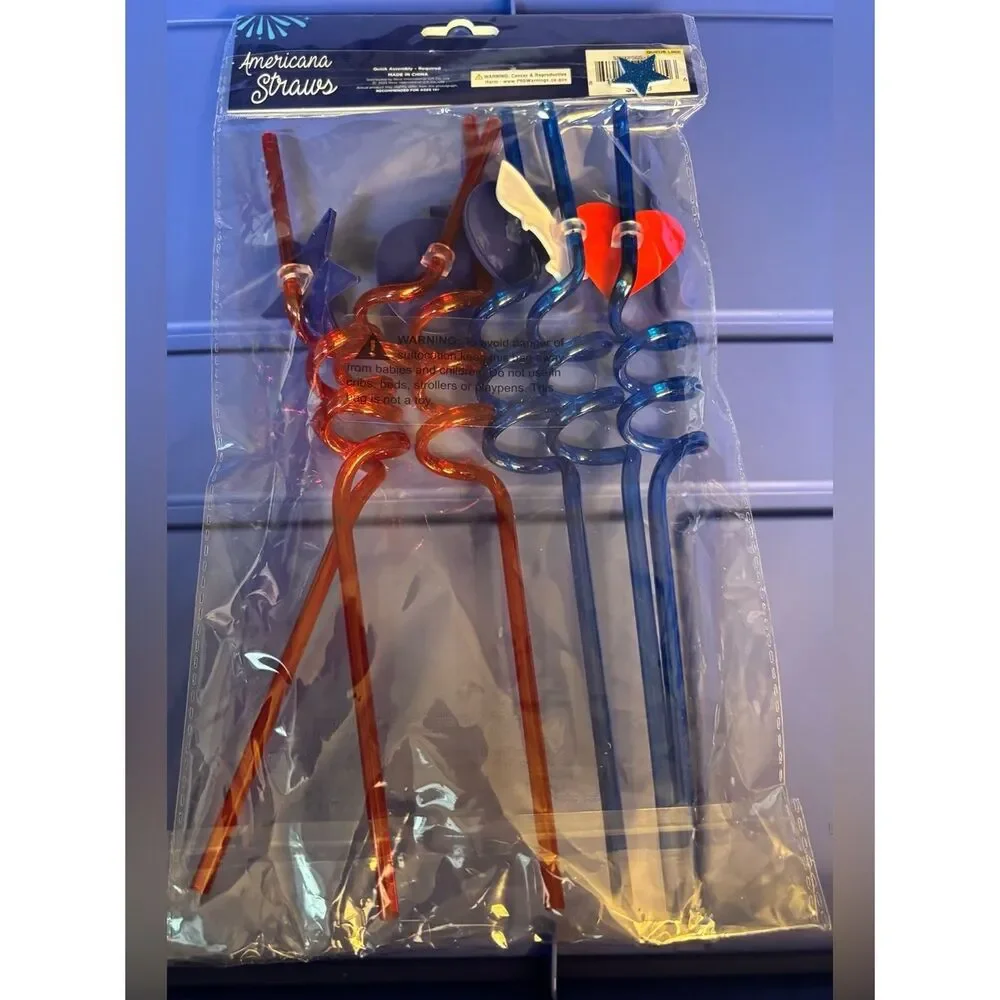 New Americana Straws Patriotic Spiral Drink Straws - Red & Blue USA Flags 6 pc